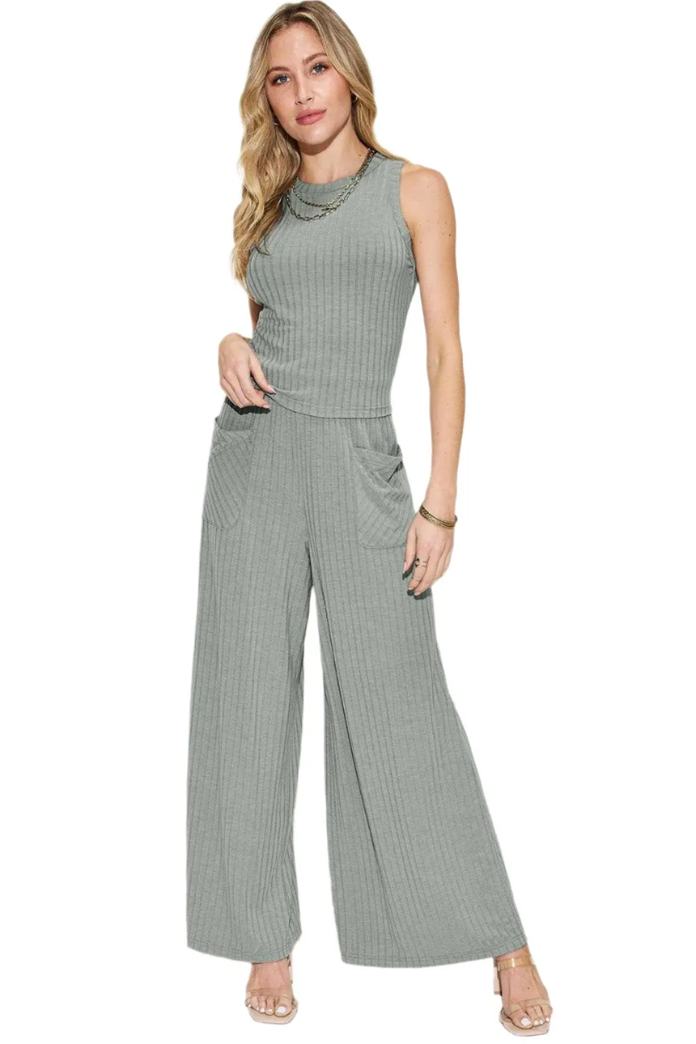 Women's Trendy Stretch Ribbed Tank & Wide Pants Set