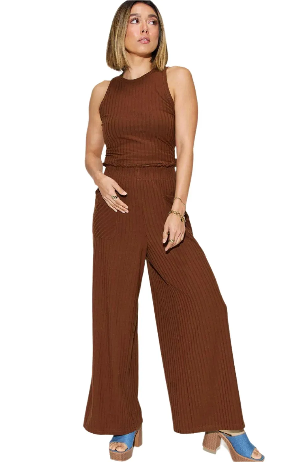 Women's Trendy Stretch Ribbed Tank & Wide Pants Set