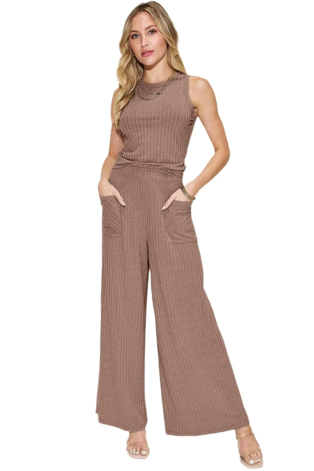 Women's Trendy Stretch Ribbed Tank & Wide Pants Set