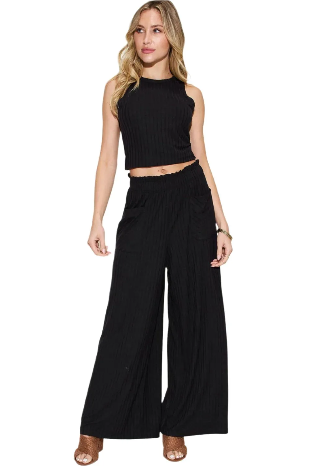 Women's Trendy Stretch Ribbed Tank & Wide Pants Set