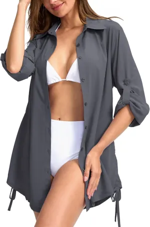 Women's UPF 50  Long Sleeve UV Sun Protection Shirts Fishing Hiking Button Down Dress Shirt Swim Cover Up for Women