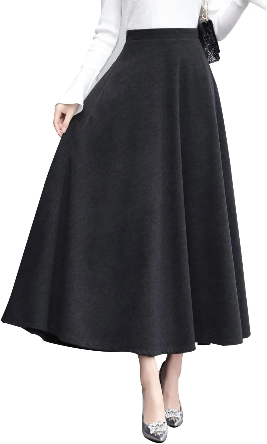 Women's Vintage High Waist Long Skirt A-line Fall/Winter Elegant Solid Wool Midi Skirt