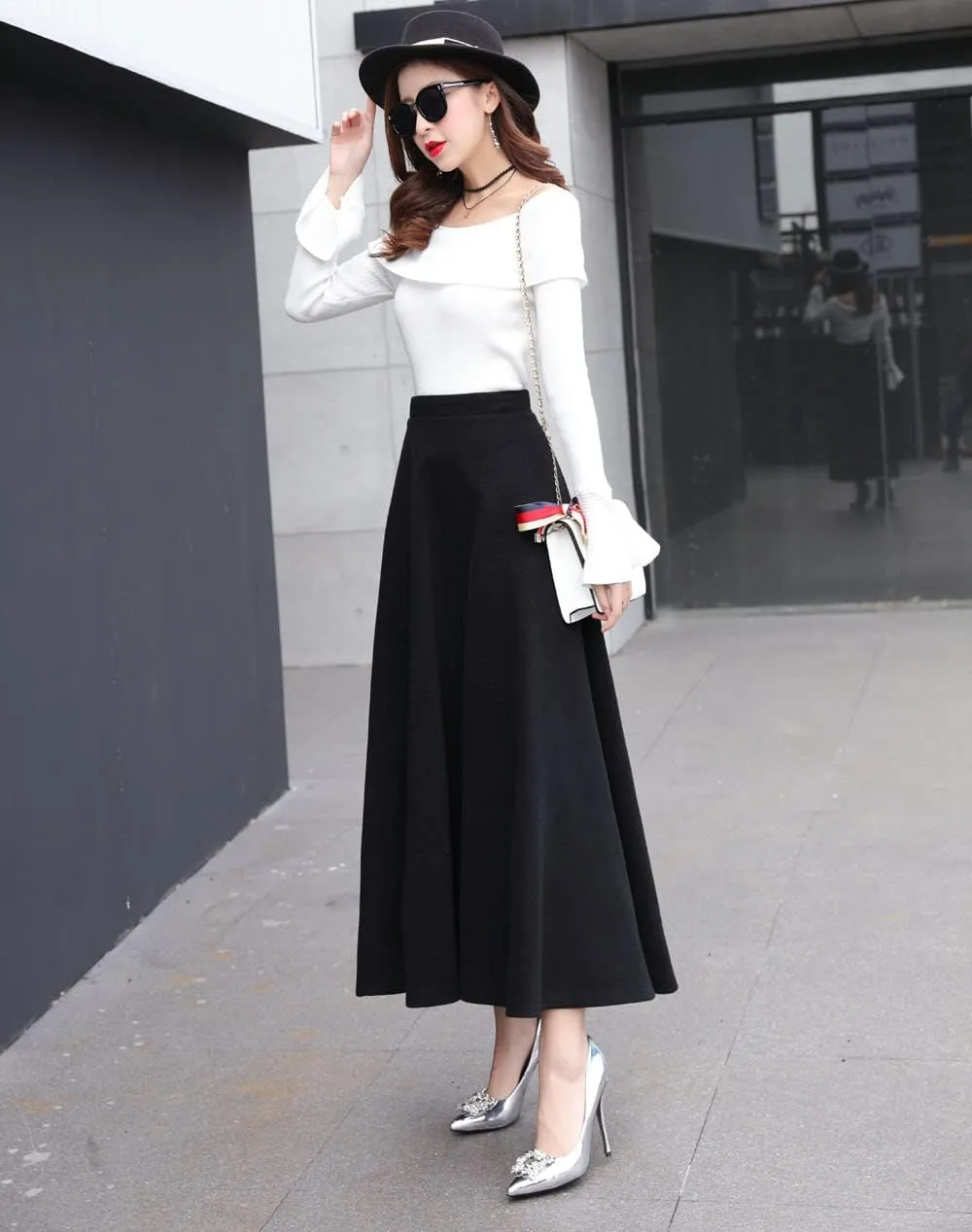 Women's Vintage High Waist Long Skirt A-line Fall/Winter Elegant Solid Wool Midi Skirt