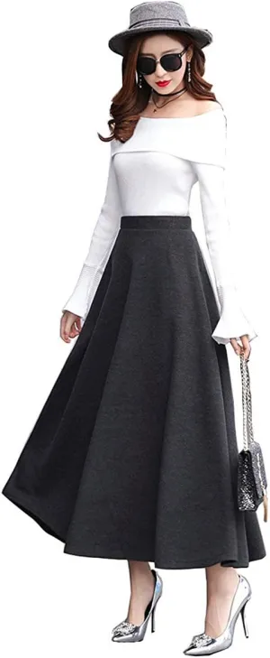 Women's Vintage High Waist Long Skirt A-line Fall/Winter Elegant Solid Wool Midi Skirt
