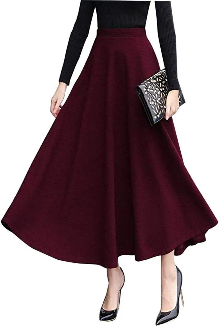 Women's Vintage High Waist Long Skirt A-line Fall/Winter Elegant Solid Wool Midi Skirt