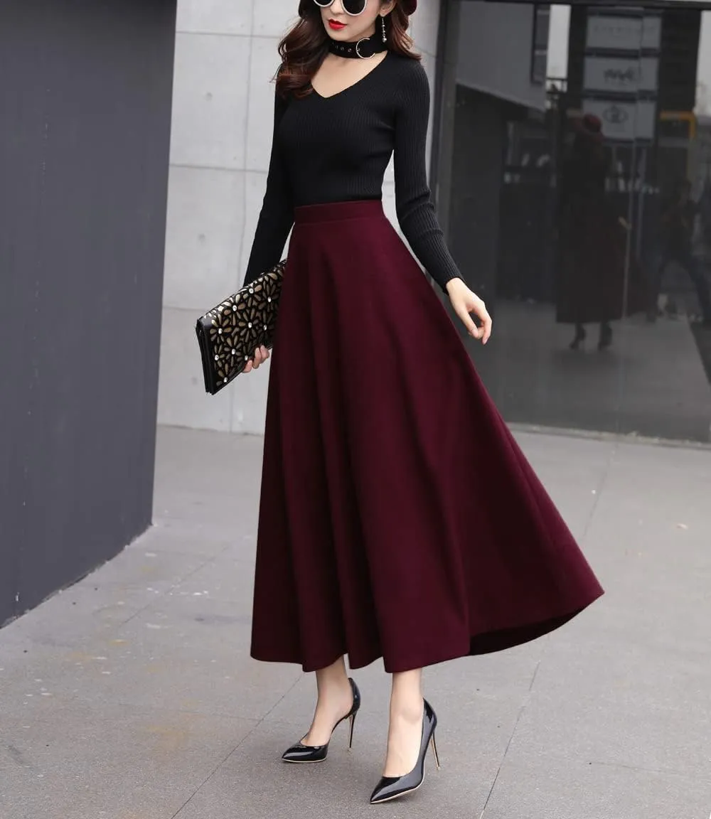 Women's Vintage High Waist Long Skirt A-line Fall/Winter Elegant Solid Wool Midi Skirt