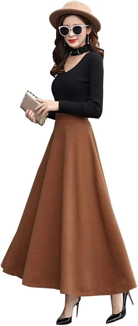 Women's Vintage High Waist Long Skirt A-line Fall/Winter Elegant Solid Wool Midi Skirt