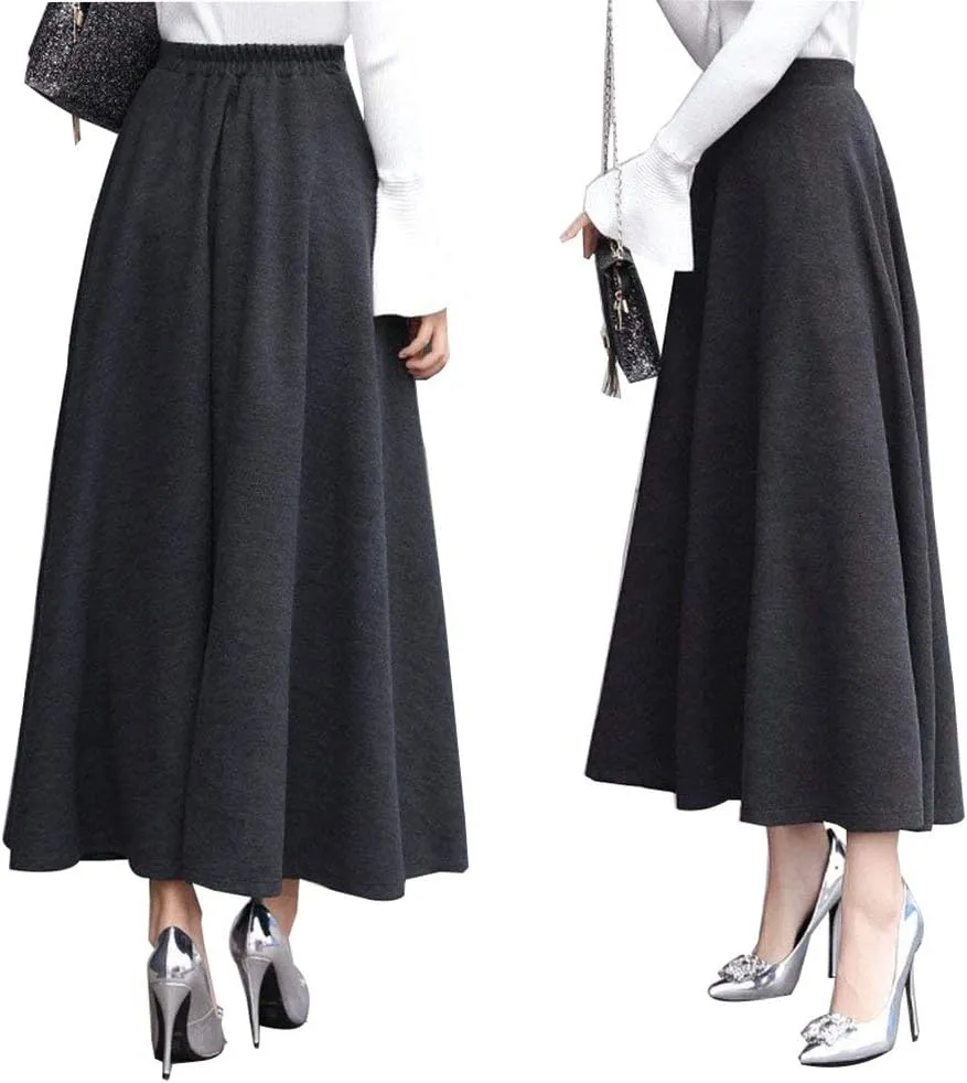 Women's Vintage High Waist Long Skirt A-line Fall/Winter Elegant Solid Wool Midi Skirt
