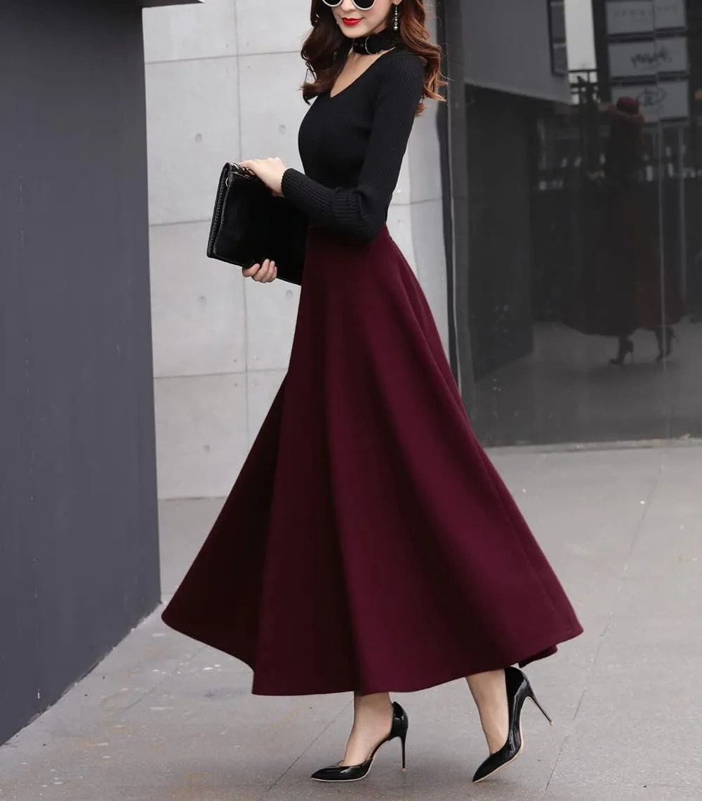 Women's Vintage High Waist Long Skirt A-line Fall/Winter Elegant Solid Wool Midi Skirt