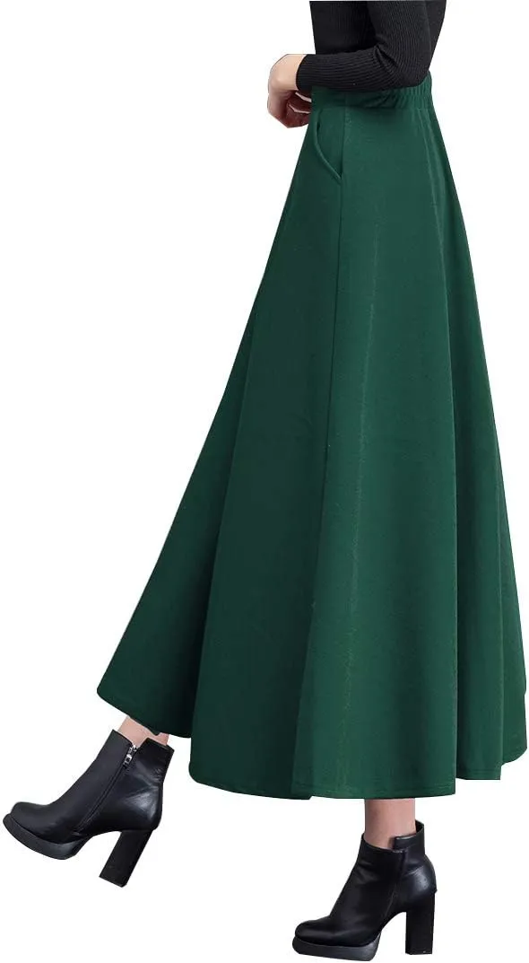 Women's Vintage High Waist Long Skirt A-line Fall/Winter Elegant Solid Wool Midi Skirt