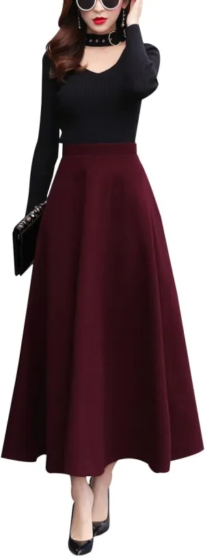 Women's Vintage High Waist Long Skirt A-line Fall/Winter Elegant Solid Wool Midi Skirt