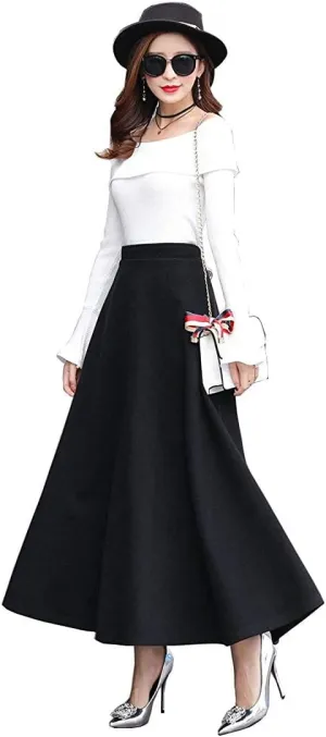 Women's Vintage High Waist Long Skirt A-line Fall/Winter Elegant Solid Wool Midi Skirt