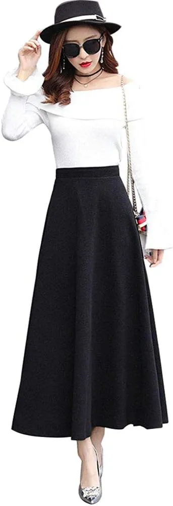 Women's Vintage High Waist Long Skirt A-line Fall/Winter Elegant Solid Wool Midi Skirt