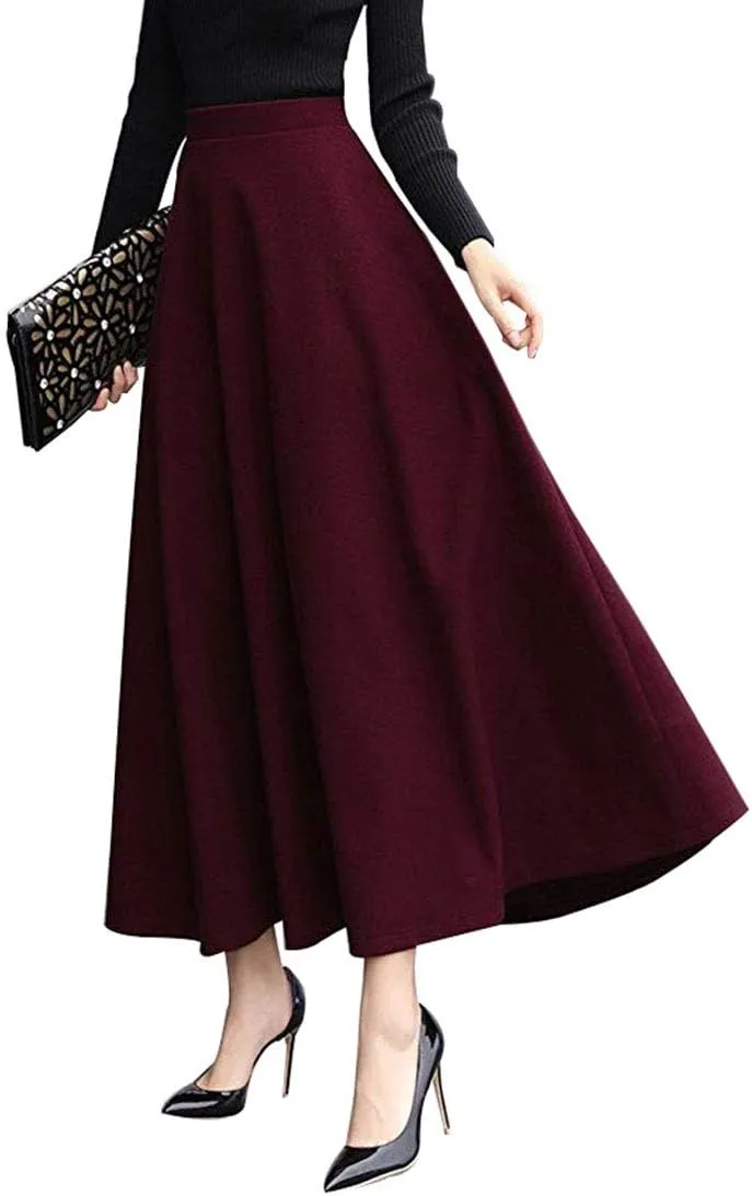 Women's Vintage High Waist Long Skirt A-line Fall/Winter Elegant Solid Wool Midi Skirt