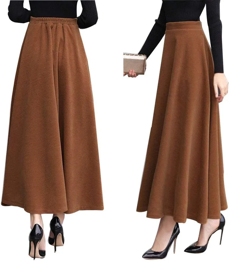 Women's Vintage High Waist Long Skirt A-line Fall/Winter Elegant Solid Wool Midi Skirt