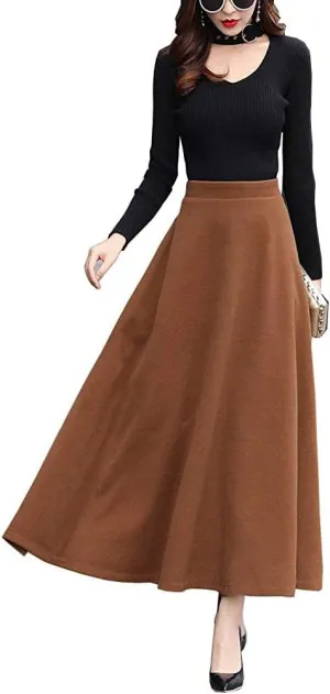Women's Vintage High Waist Long Skirt A-line Fall/Winter Elegant Solid Wool Midi Skirt
