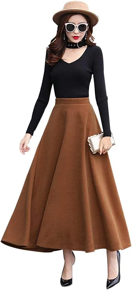 Women's Vintage High Waist Long Skirt A-line Fall/Winter Elegant Solid Wool Midi Skirt