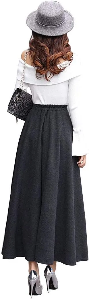 Women's Vintage High Waist Long Skirt A-line Fall/Winter Elegant Solid Wool Midi Skirt