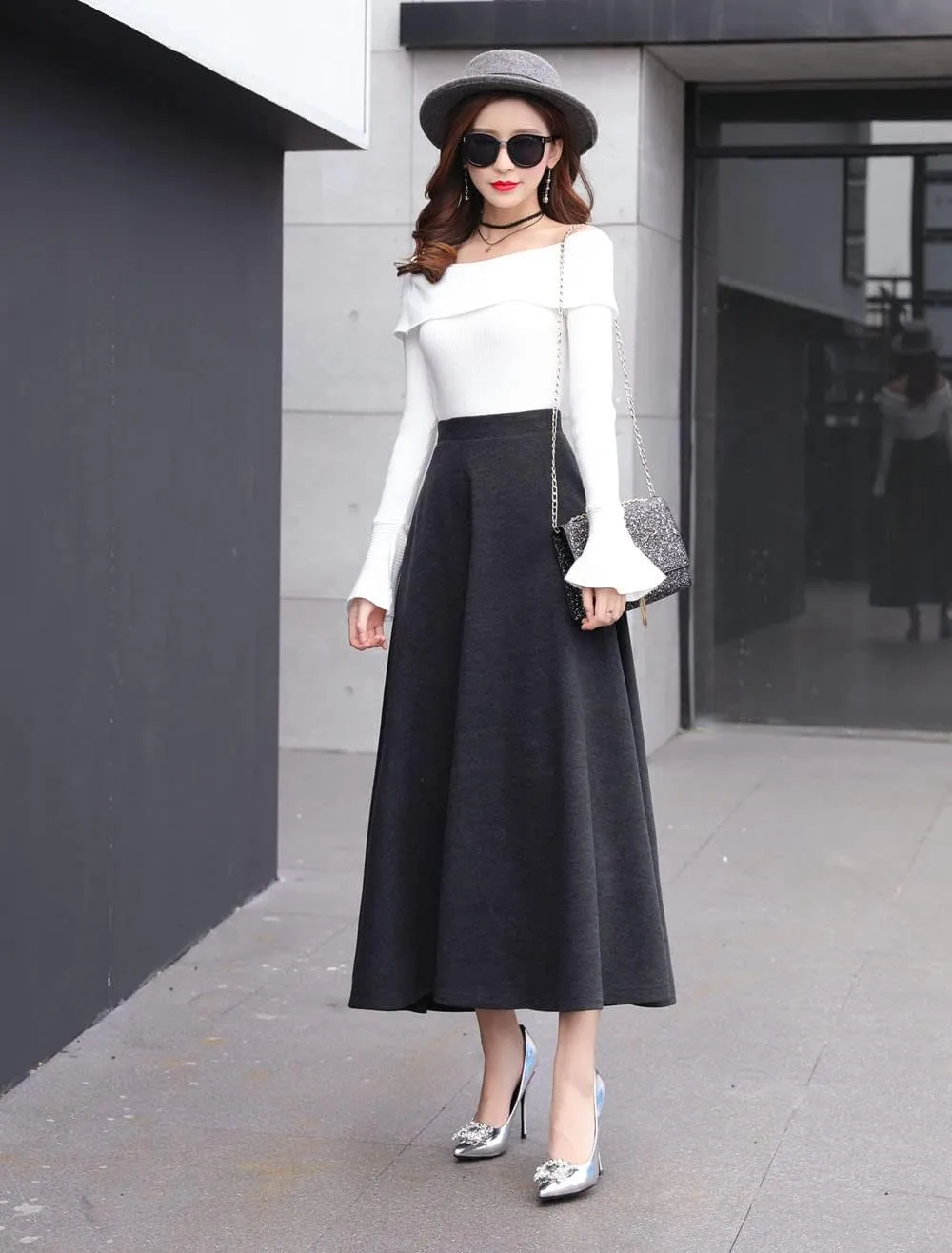 Women's Vintage High Waist Long Skirt A-line Fall/Winter Elegant Solid Wool Midi Skirt