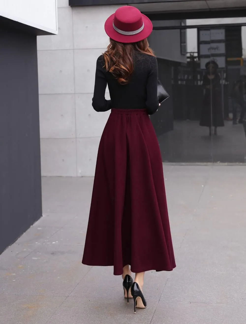 Women's Vintage High Waist Long Skirt A-line Fall/Winter Elegant Solid Wool Midi Skirt