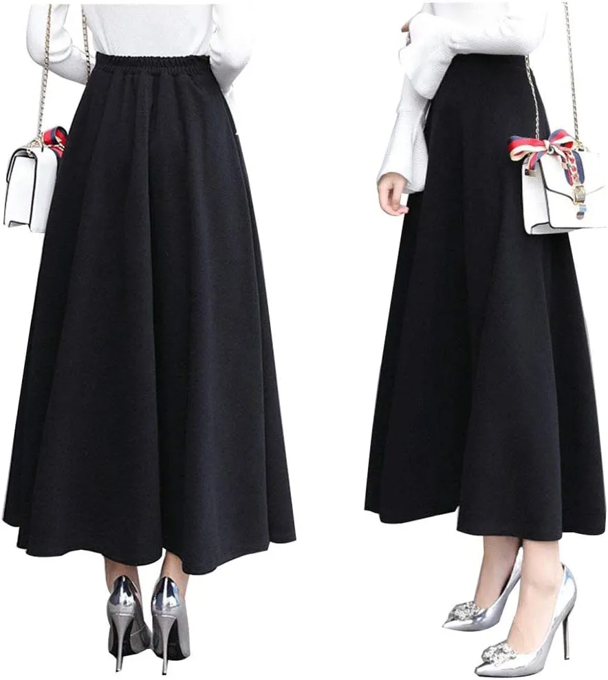 Women's Vintage High Waist Long Skirt A-line Fall/Winter Elegant Solid Wool Midi Skirt