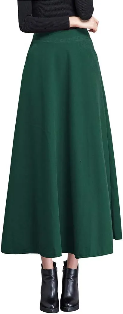 Women's Vintage High Waist Long Skirt A-line Fall/Winter Elegant Solid Wool Midi Skirt