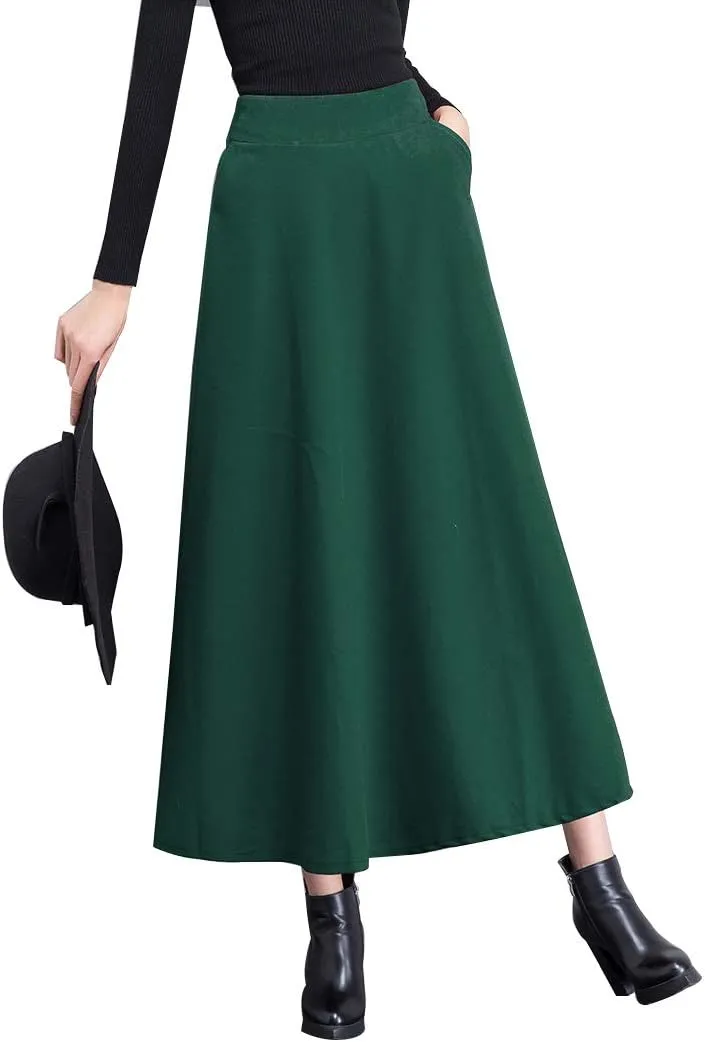Women's Vintage High Waist Long Skirt A-line Fall/Winter Elegant Solid Wool Midi Skirt