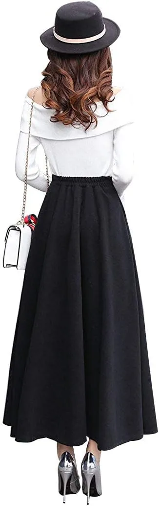 Women's Vintage High Waist Long Skirt A-line Fall/Winter Elegant Solid Wool Midi Skirt