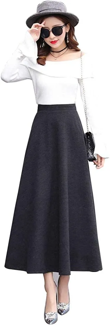 Women's Vintage High Waist Long Skirt A-line Fall/Winter Elegant Solid Wool Midi Skirt