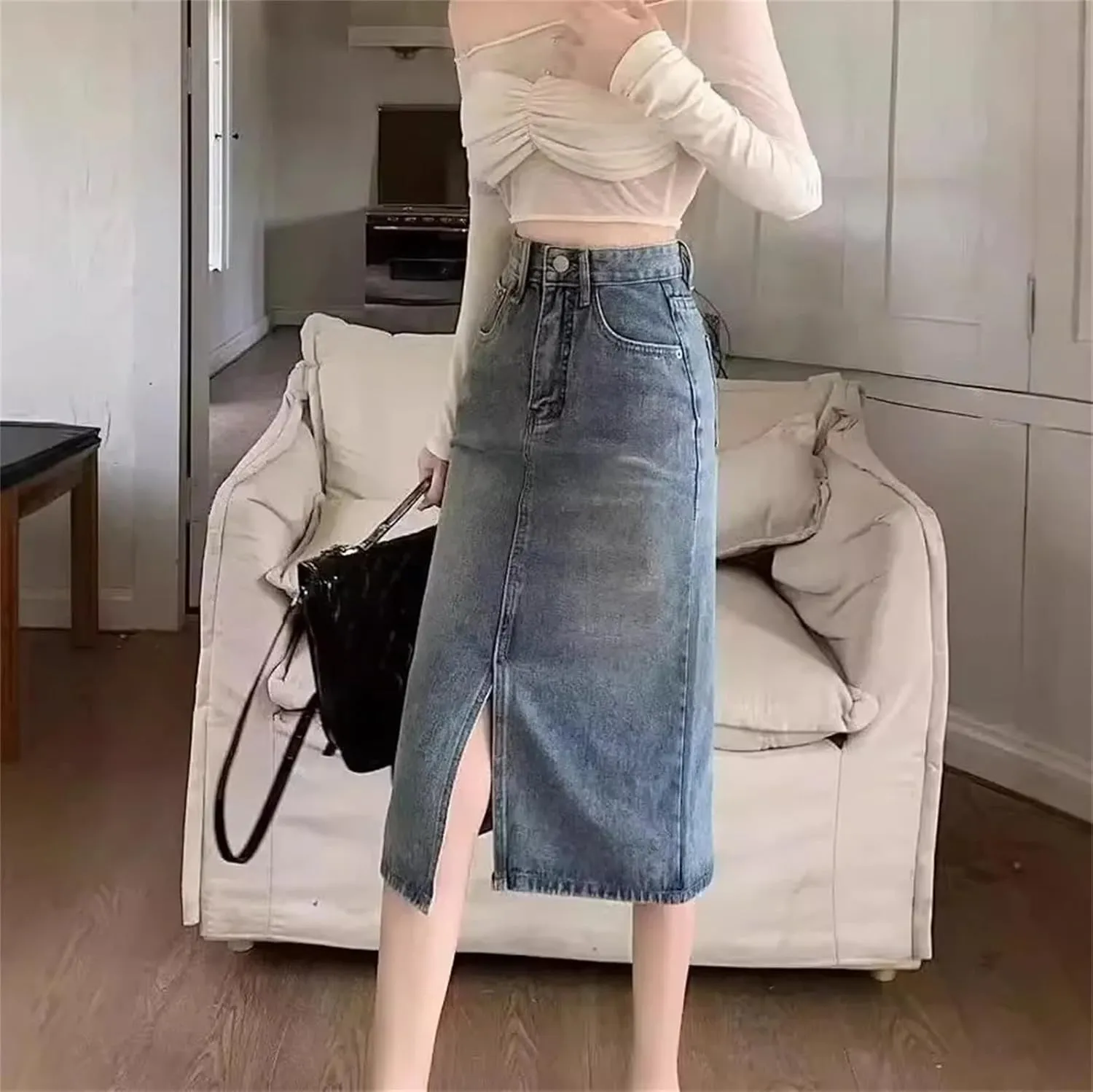 Women's Vintage High-Waisted Medium-Length Denim Skirt  Side Slit A-Line Hip Covering Skirt for Summer Dress