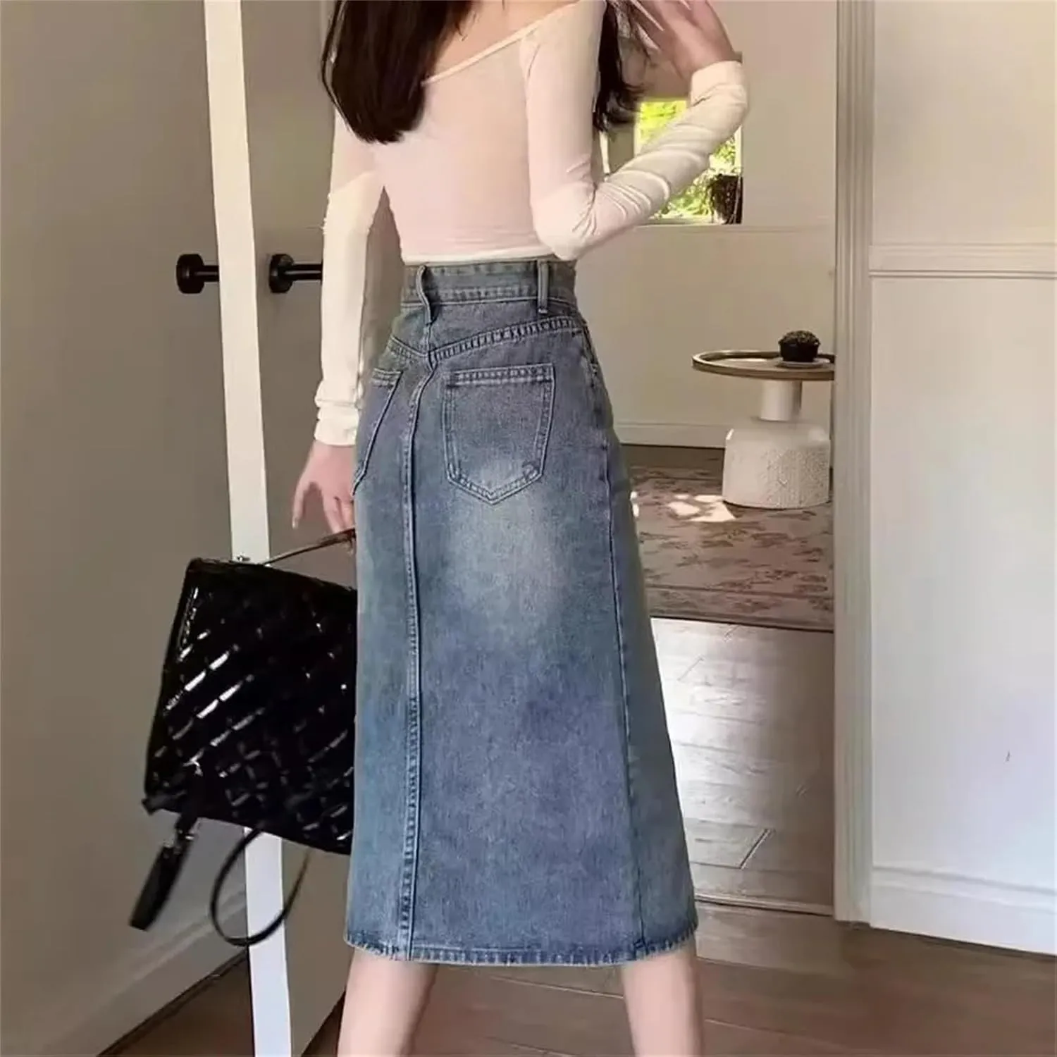 Women's Vintage High-Waisted Medium-Length Denim Skirt  Side Slit A-Line Hip Covering Skirt for Summer Dress