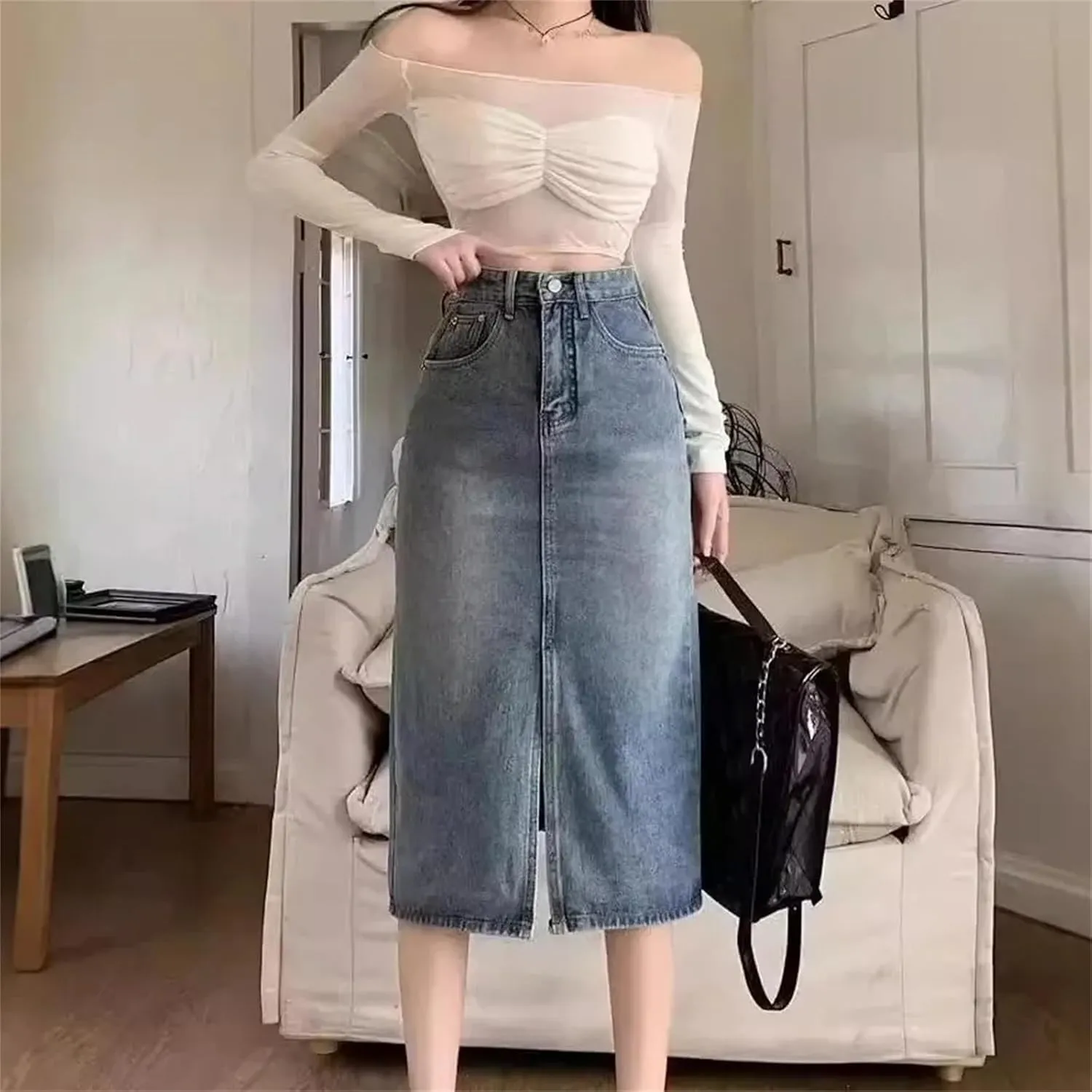Women's Vintage High-Waisted Medium-Length Denim Skirt  Side Slit A-Line Hip Covering Skirt for Summer Dress