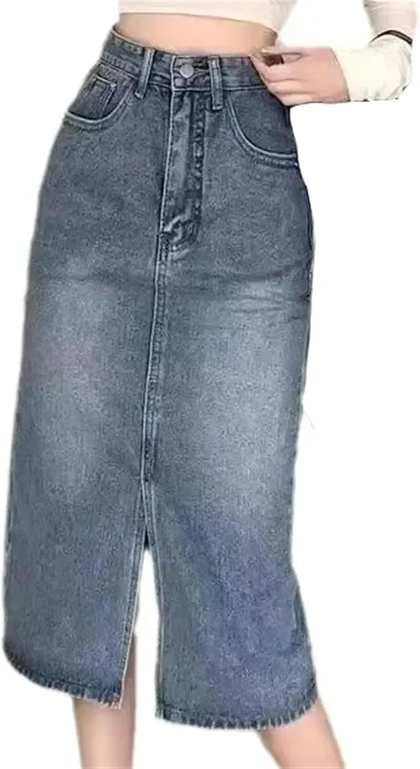 Women's Vintage High-Waisted Medium-Length Denim Skirt  Side Slit A-Line Hip Covering Skirt for Summer Dress