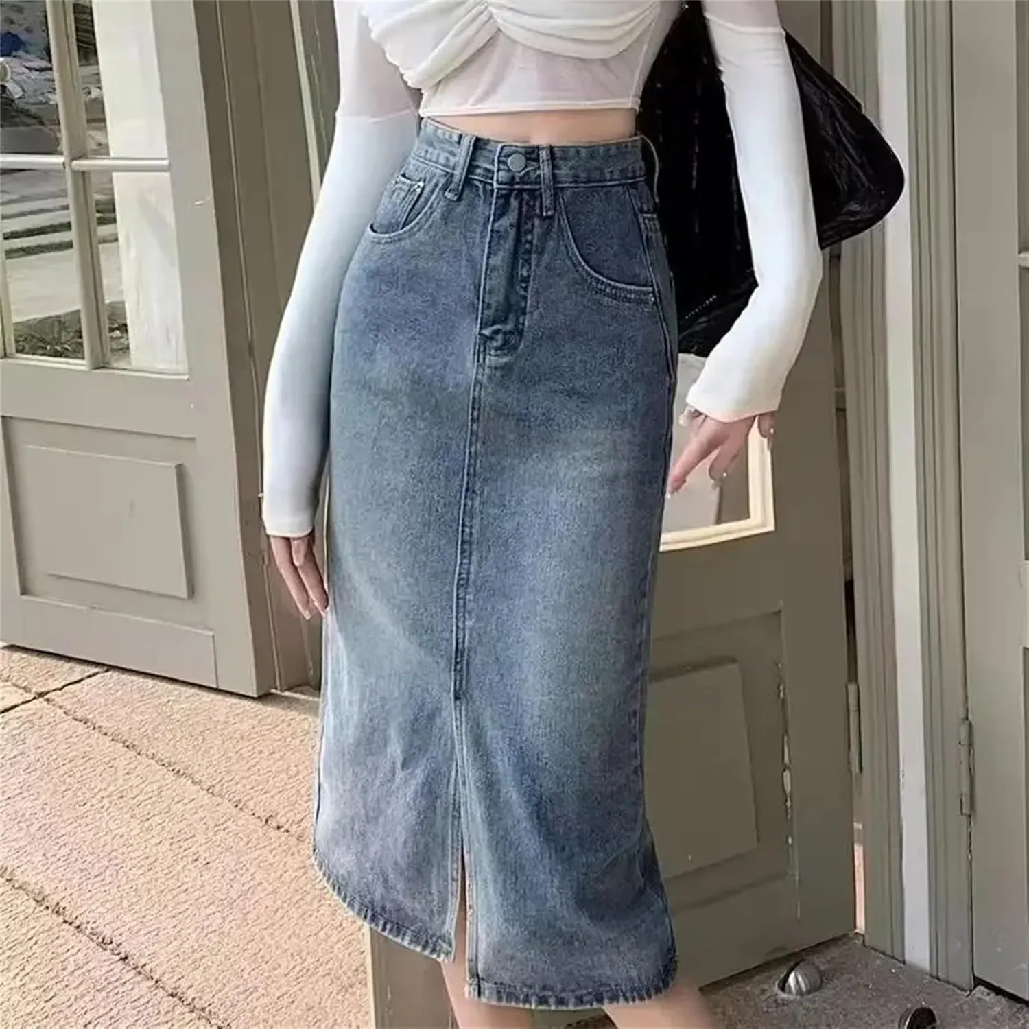 Women's Vintage High-Waisted Medium-Length Denim Skirt  Side Slit A-Line Hip Covering Skirt for Summer Dress