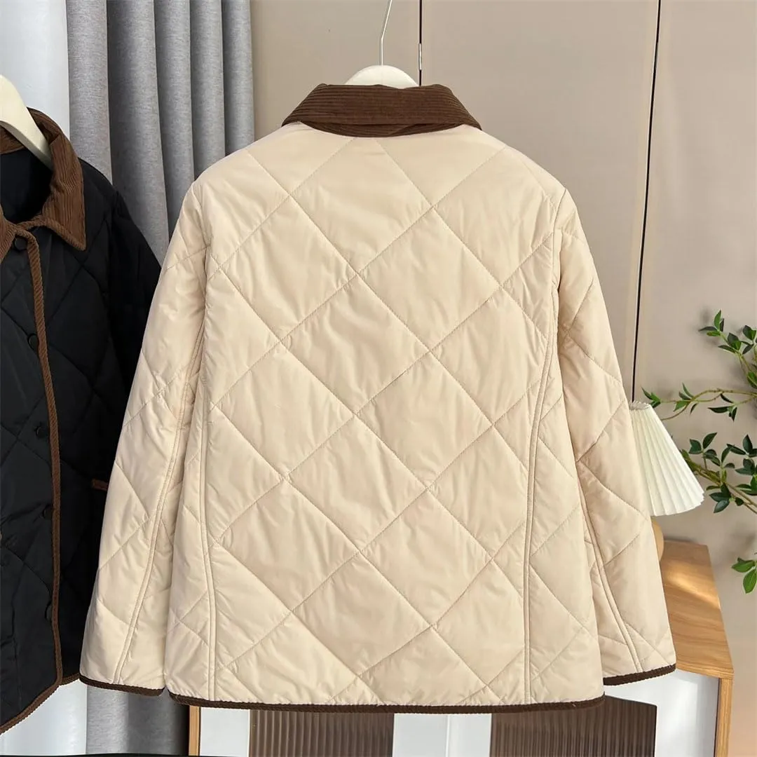 Women's Warm Parka Autumn And Winter Contrast Color Lapel Thin Cotton-Padded Coat