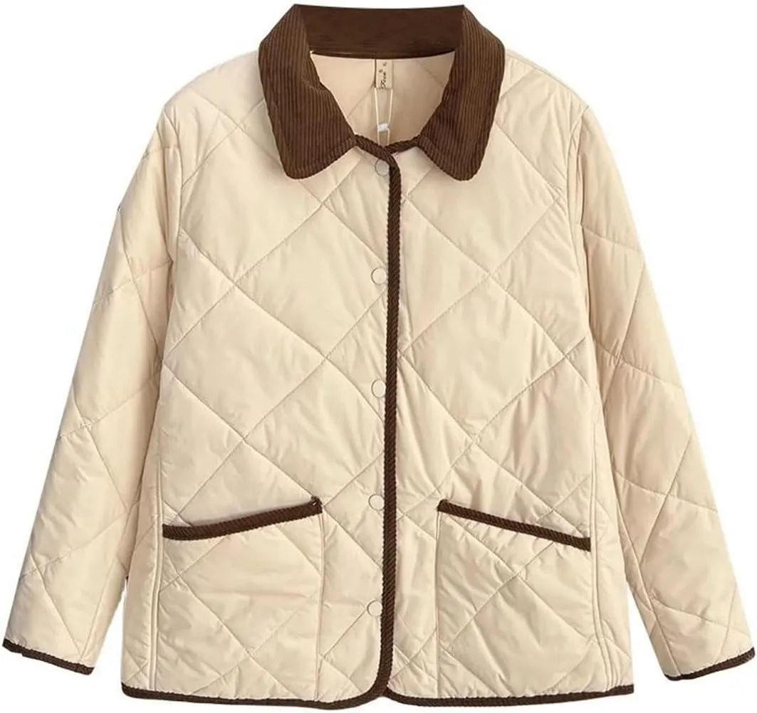 Women's Warm Parka Autumn And Winter Contrast Color Lapel Thin Cotton-Padded Coat