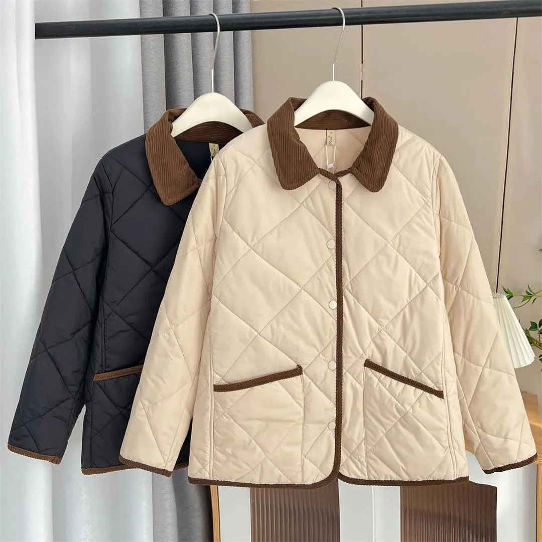 Women's Warm Parka Autumn And Winter Contrast Color Lapel Thin Cotton-Padded Coat