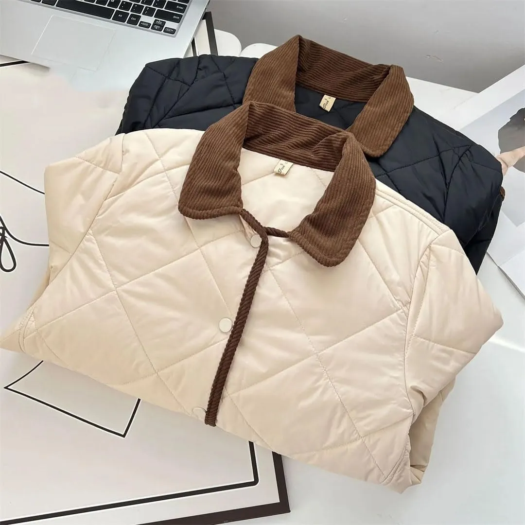 Women's Warm Parka Autumn And Winter Contrast Color Lapel Thin Cotton-Padded Coat