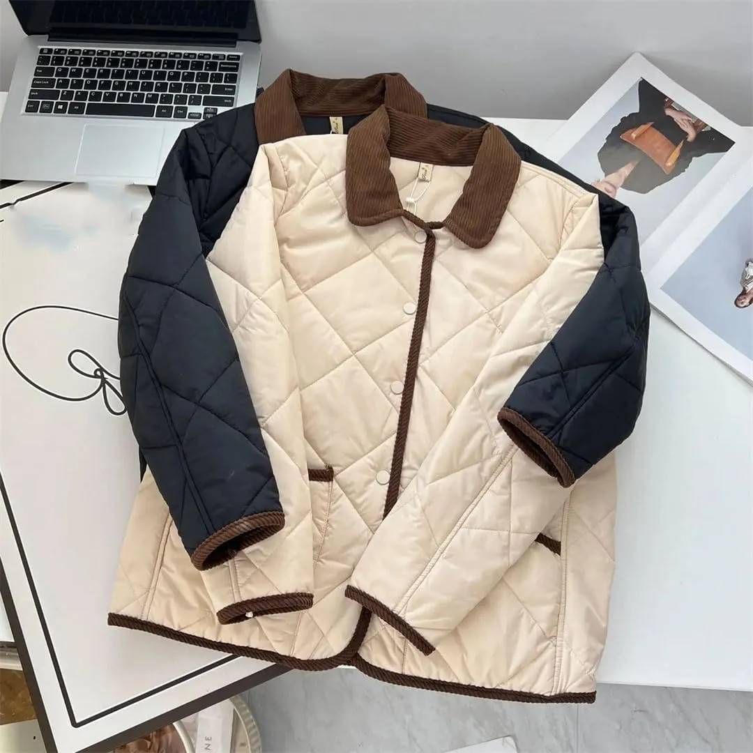 Women's Warm Parka Autumn And Winter Contrast Color Lapel Thin Cotton-Padded Coat