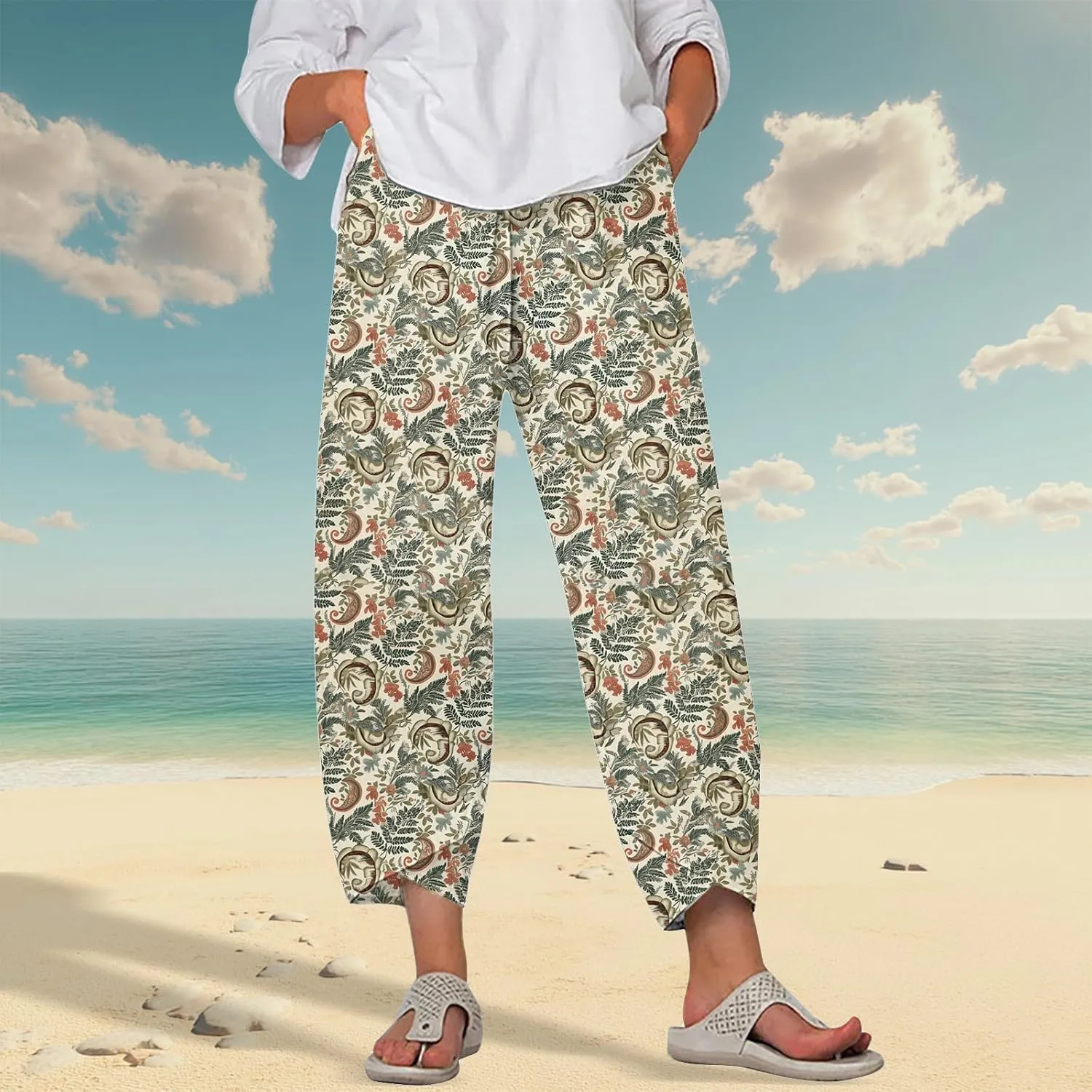 Womens Wide Leg Cotton Linen Pants Summer Casual Palazzo Cropped Pants Loose Elastic Waist Capri Trousers with Pockets