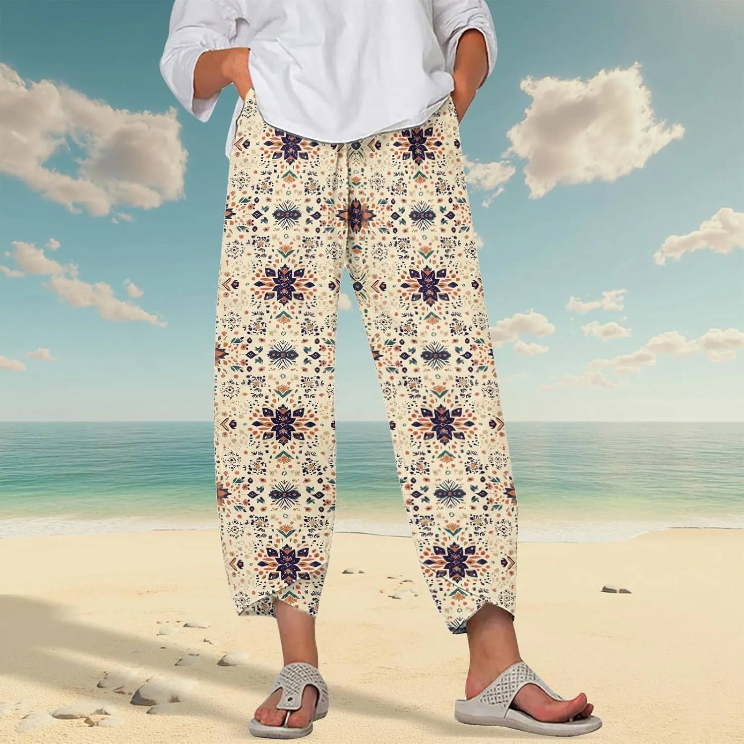 Womens Wide Leg Cotton Linen Pants Summer Casual Palazzo Cropped Pants Loose Elastic Waist Capri Trousers with Pockets