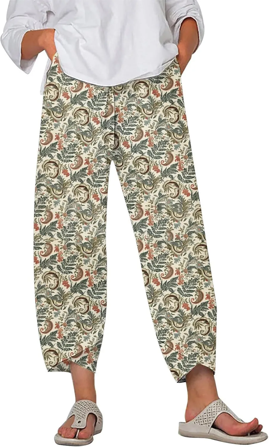 Womens Wide Leg Cotton Linen Pants Summer Casual Palazzo Cropped Pants Loose Elastic Waist Capri Trousers with Pockets