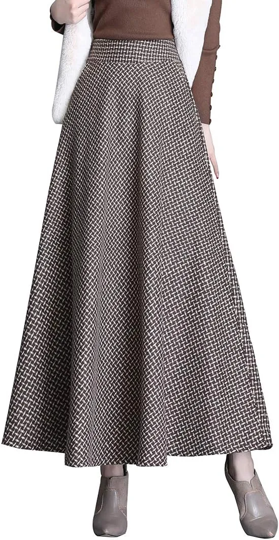 Women's Winter Houndstooth Long Skirt Elegant High Waist Warm Wool Elastic Waist Maxi Pleated Skirt S-3XL