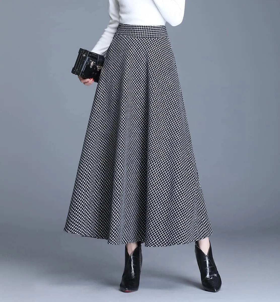 Women's Winter Houndstooth Long Skirt Elegant High Waist Warm Wool Elastic Waist Maxi Pleated Skirt S-3XL