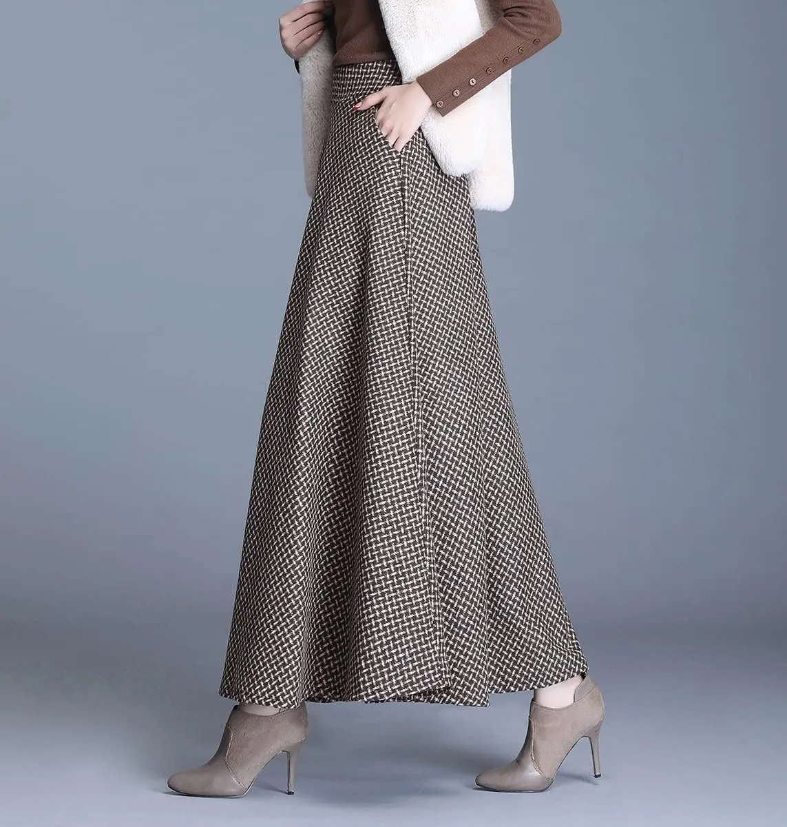 Women's Winter Houndstooth Long Skirt Elegant High Waist Warm Wool Elastic Waist Maxi Pleated Skirt S-3XL