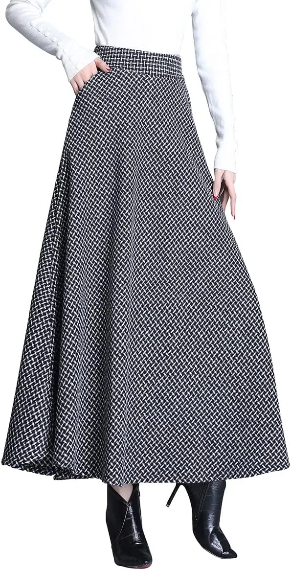 Women's Winter Houndstooth Long Skirt Elegant High Waist Warm Wool Elastic Waist Maxi Pleated Skirt S-3XL