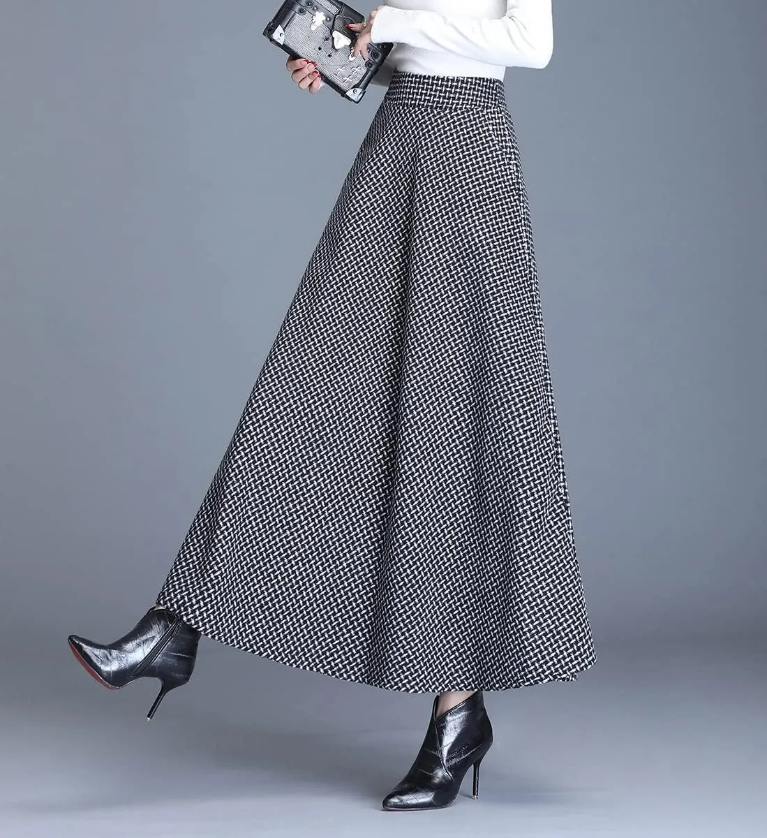 Women's Winter Houndstooth Long Skirt Elegant High Waist Warm Wool Elastic Waist Maxi Pleated Skirt S-3XL