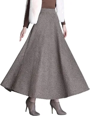 Women's Winter Houndstooth Long Skirt Elegant High Waist Warm Wool Elastic Waist Maxi Pleated Skirt S-3XL