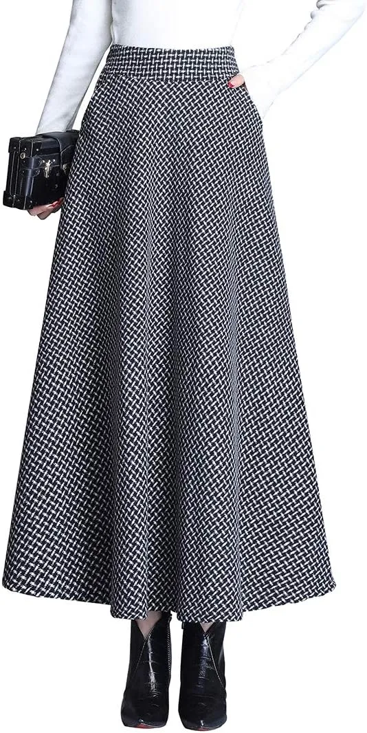 Women's Winter Houndstooth Long Skirt Elegant High Waist Warm Wool Elastic Waist Maxi Pleated Skirt S-3XL