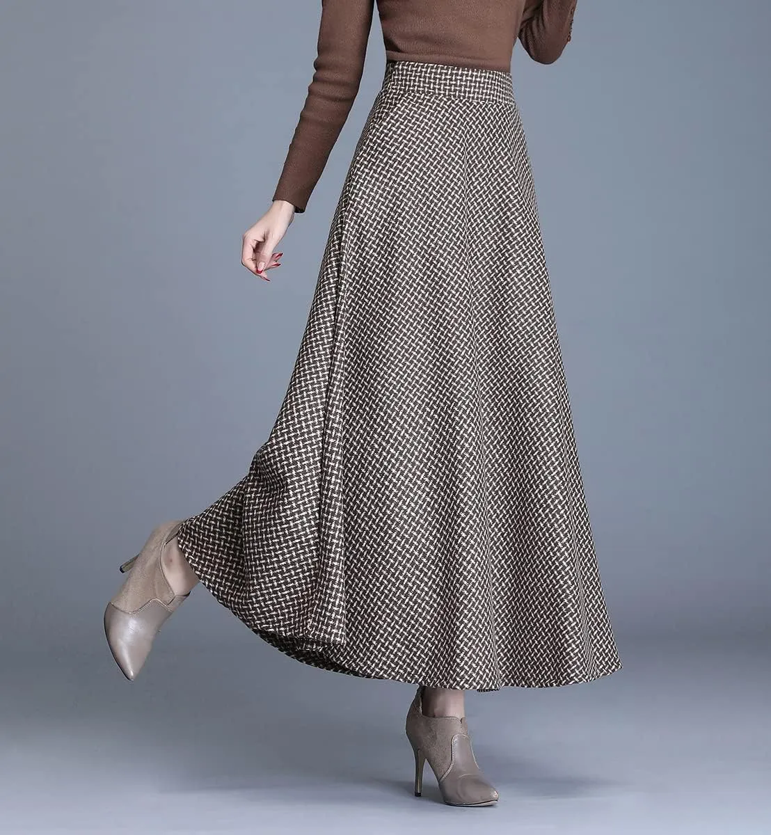 Women's Winter Houndstooth Long Skirt Elegant High Waist Warm Wool Elastic Waist Maxi Pleated Skirt S-3XL
